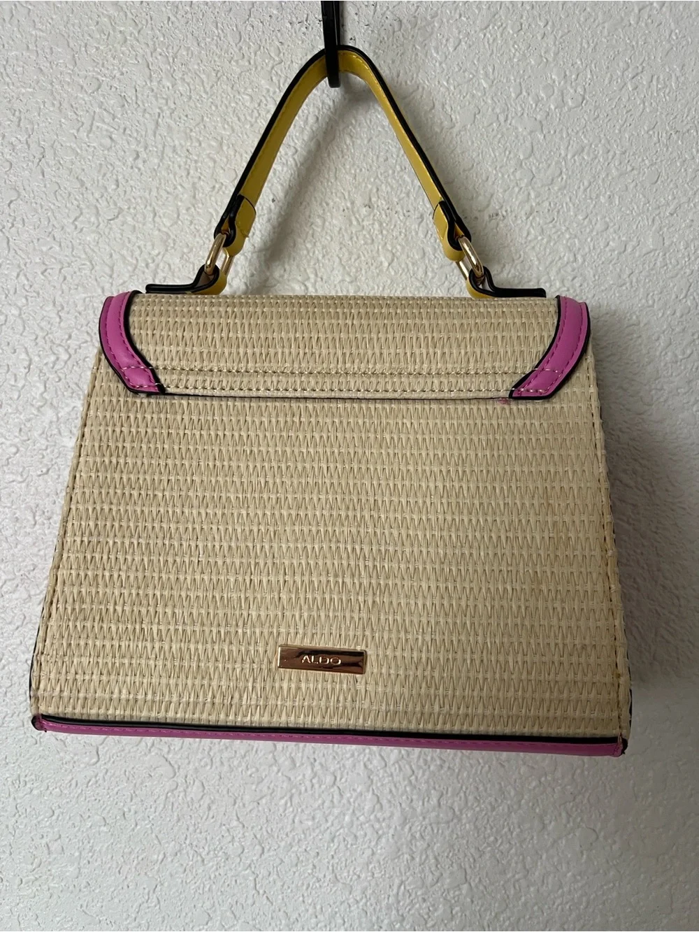 Aldo Multicolor Woven Straw Shoulder Bag with Yellow/Pink Trim & Orange Corners